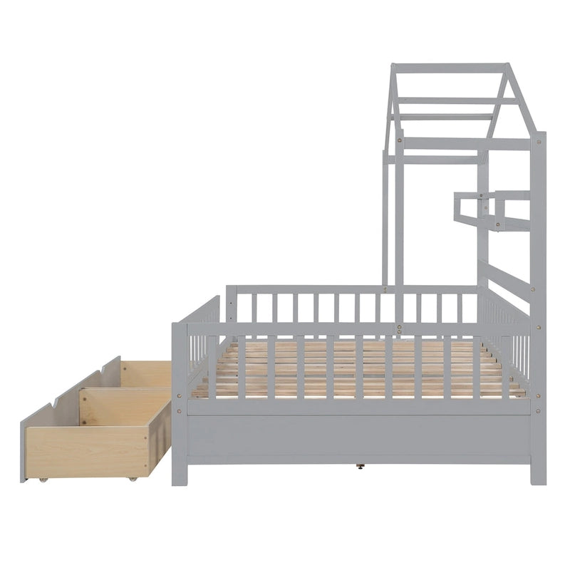Wood House-shaped Platform Bed with Drawers and Shelf