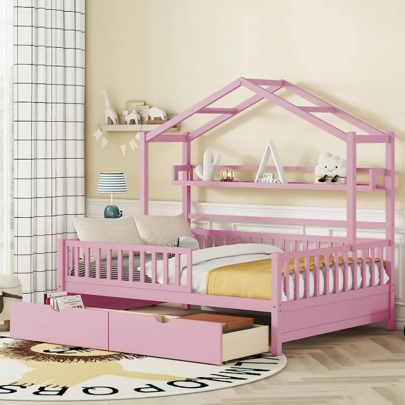 Wood House-shaped Platform Bed with Drawers and Shelf