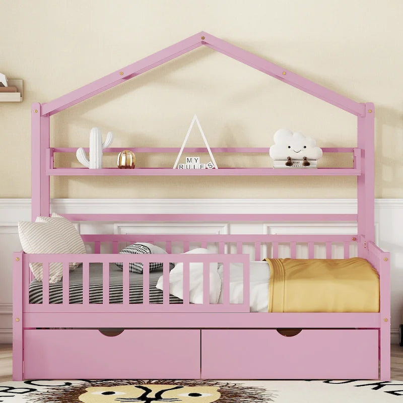 Wood House-shaped Platform Bed with Drawers and Shelf