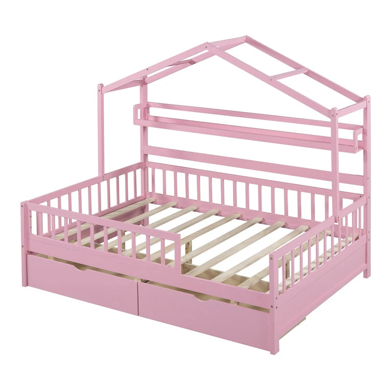 Wood House-shaped Platform Bed with Drawers and Shelf
