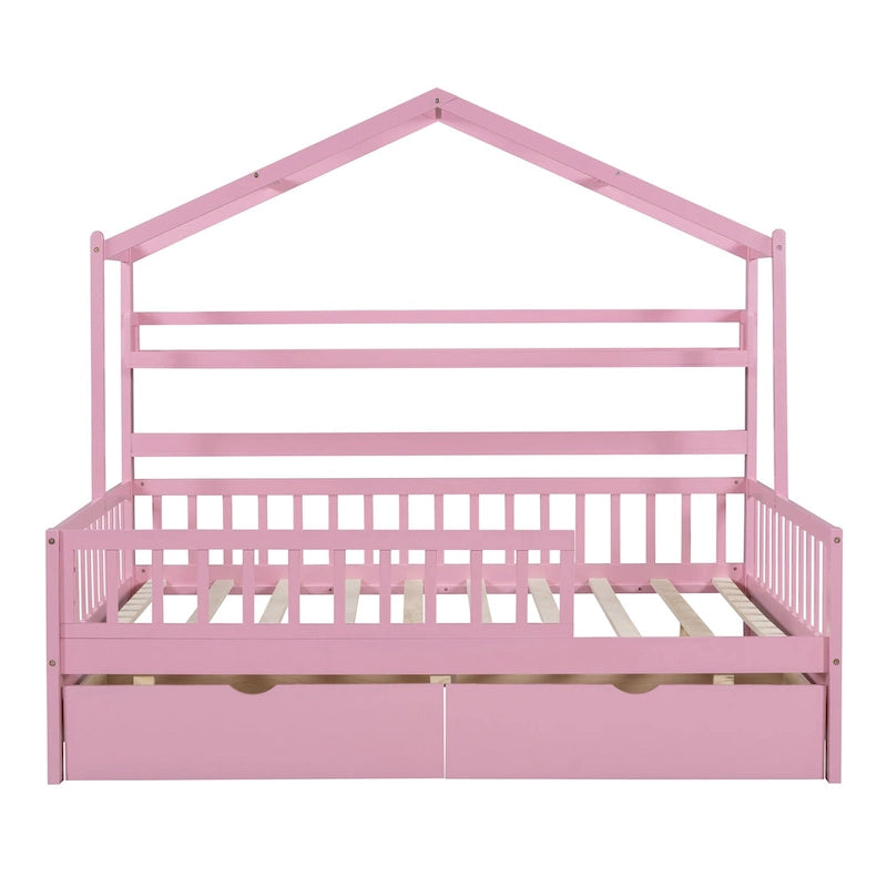 Wood House-shaped Platform Bed with Drawers and Shelf