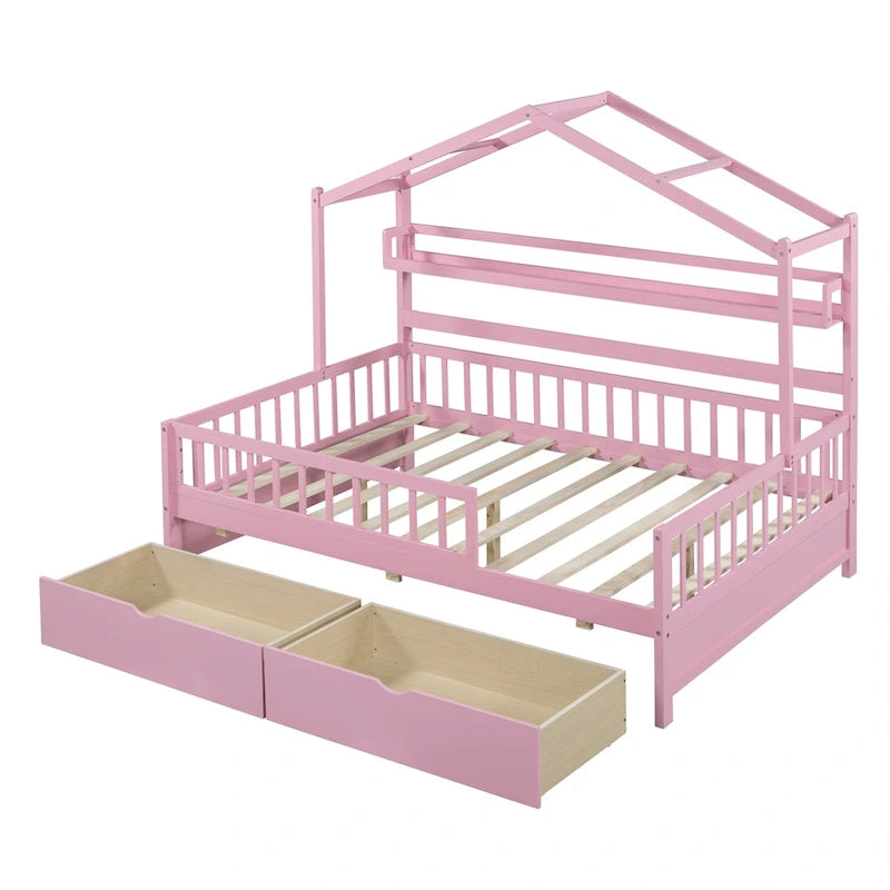 Wood House-shaped Platform Bed with Drawers and Shelf