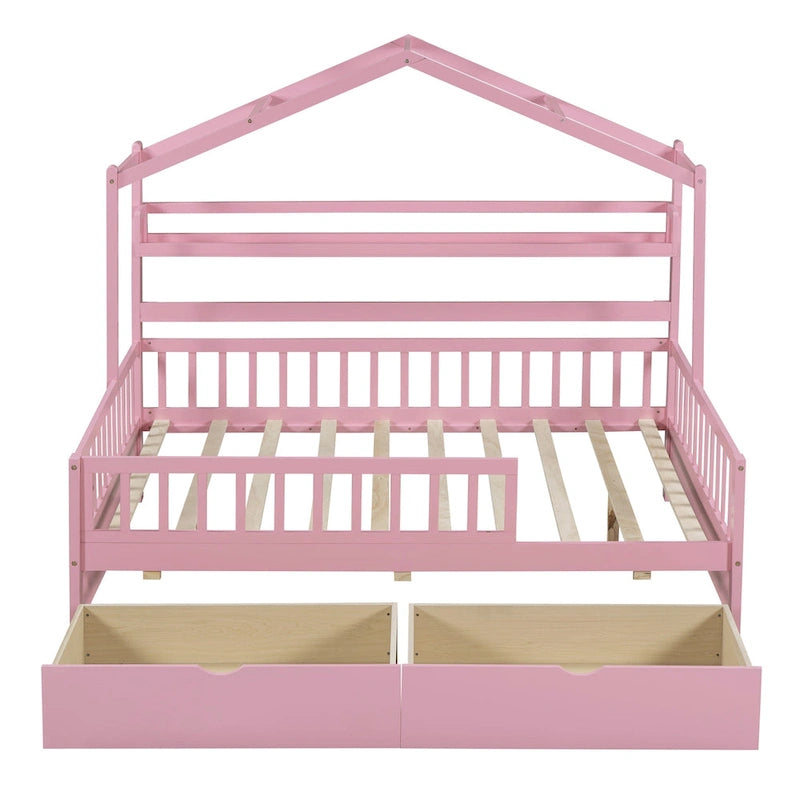 Wood House-shaped Platform Bed with Drawers and Shelf