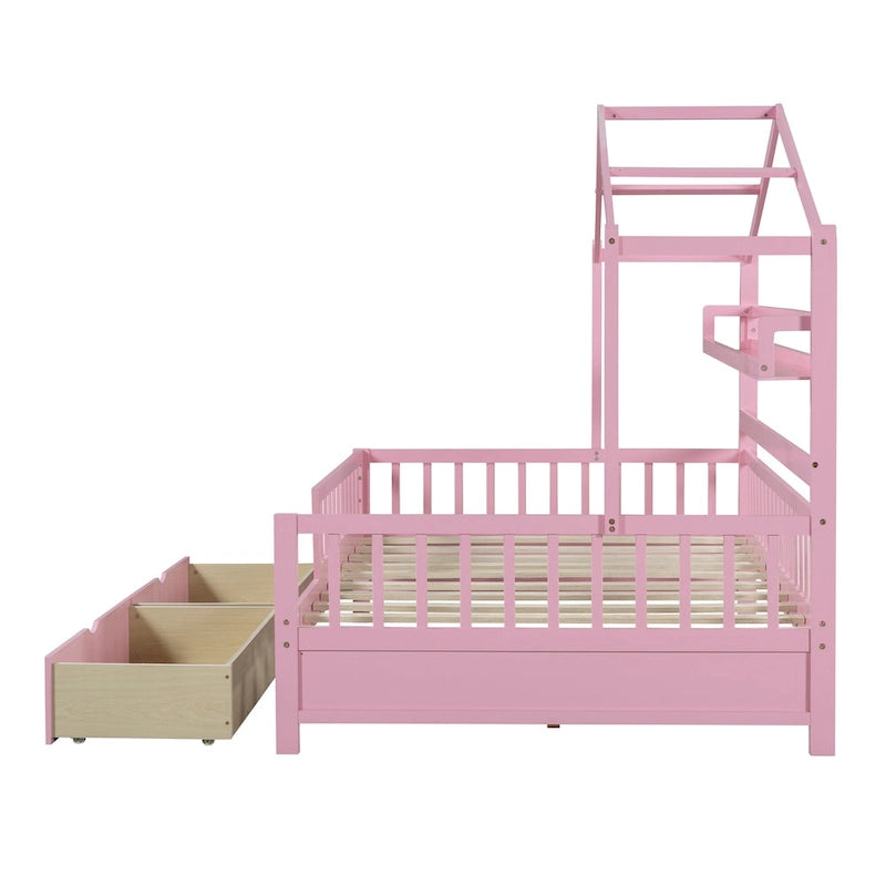 Wood House-shaped Platform Bed with Drawers and Shelf