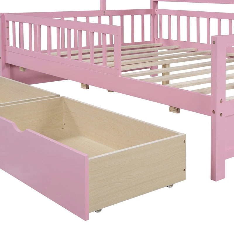 Wood House-shaped Platform Bed with Drawers and Shelf