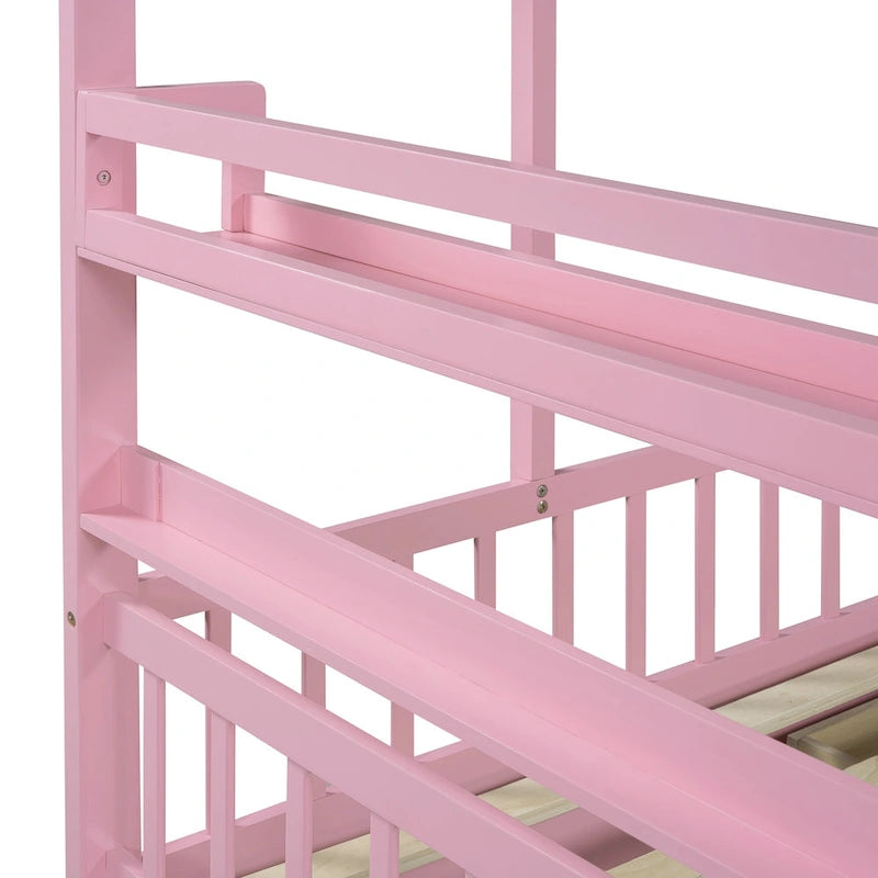 Wood House-shaped Platform Bed with Drawers and Shelf