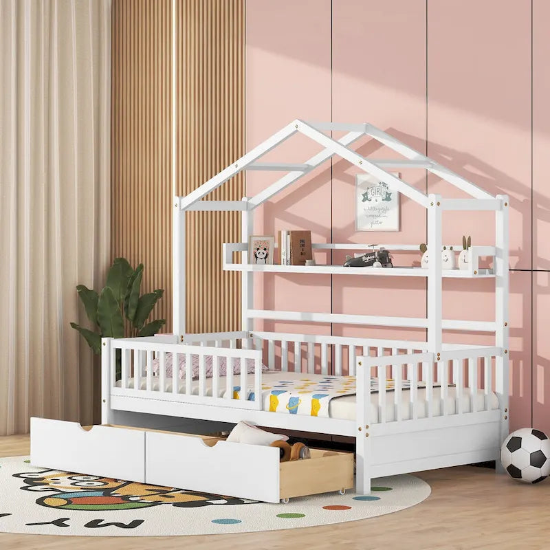 Wood House-shaped Platform Bed with Drawers and Shelf
