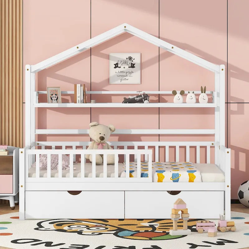 Wood House-shaped Platform Bed with Drawers and Shelf