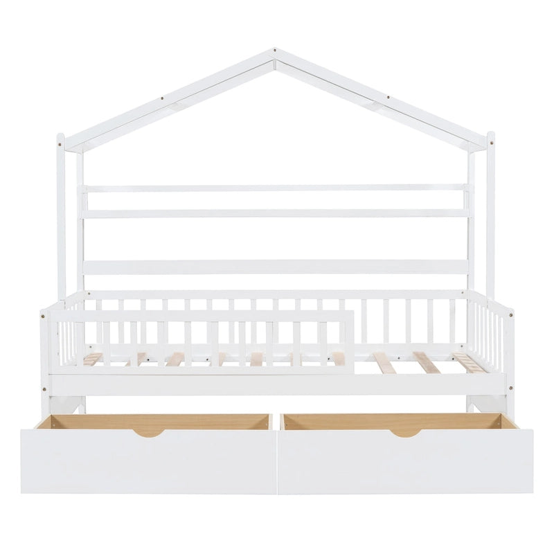 Wood House-shaped Platform Bed with Drawers and Shelf