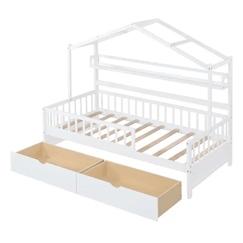 Wood House-shaped Platform Bed with Drawers and Shelf