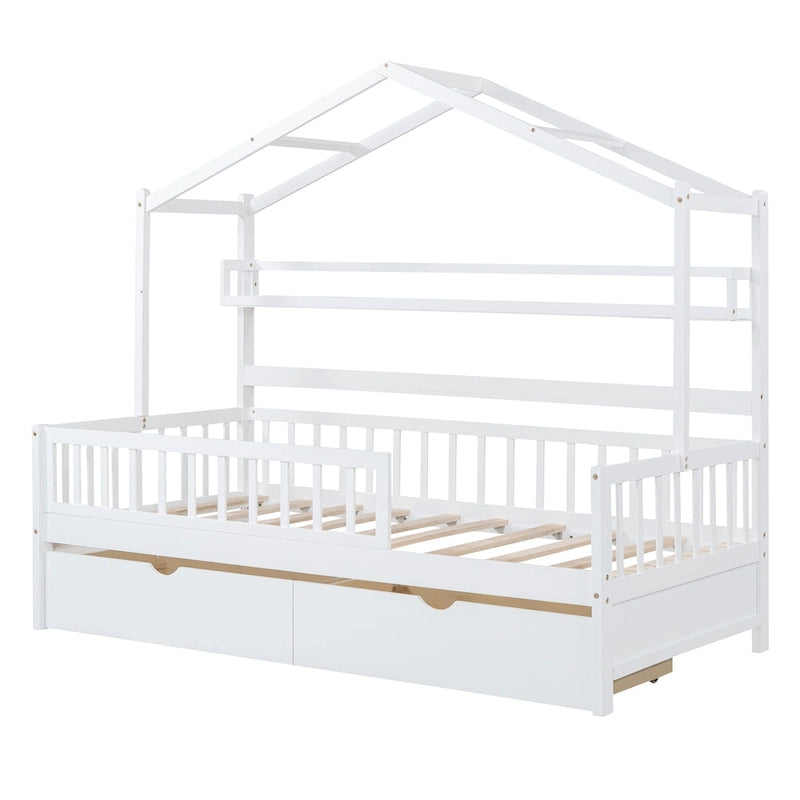 Wood House-shaped Platform Bed with Drawers and Shelf