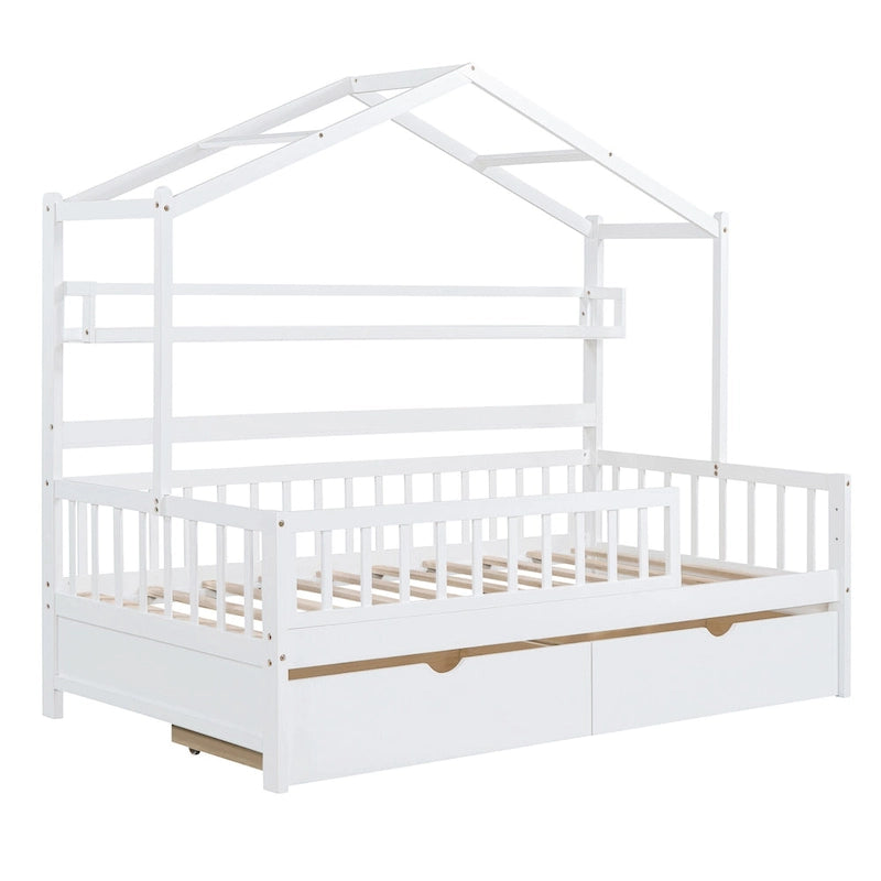 Wood House-shaped Platform Bed with Drawers and Shelf