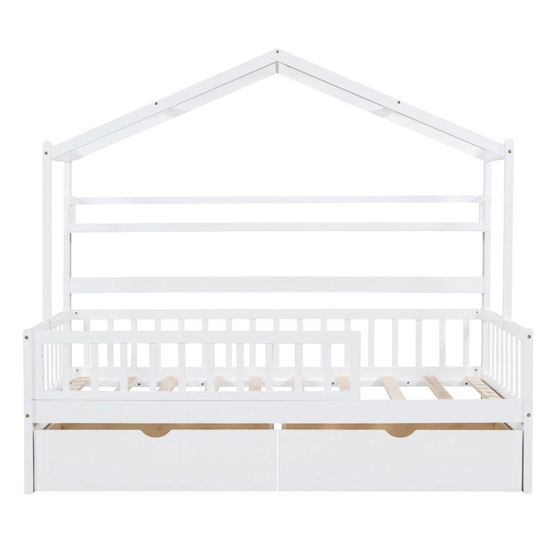 Wood House-shaped Platform Bed with Drawers and Shelf