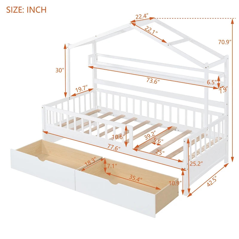 Wood House-shaped Platform Bed with Drawers and Shelf