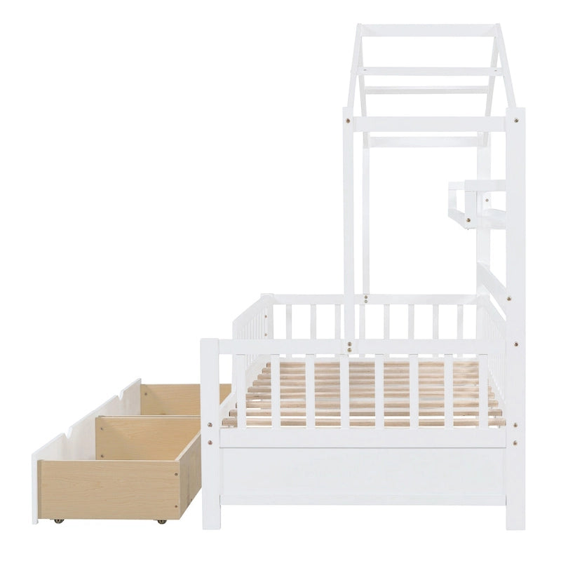 Wood House-shaped Platform Bed with Drawers and Shelf