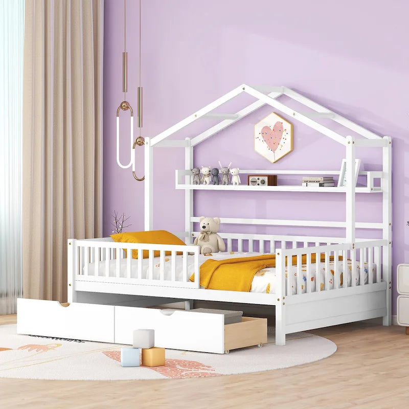 Wood House-shaped Platform Bed with Drawers and Shelf