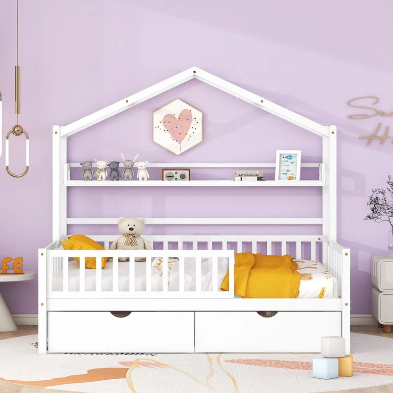 Wood House-shaped Platform Bed with Drawers and Shelf