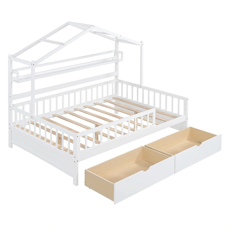 Wood House-shaped Platform Bed with Drawers and Shelf