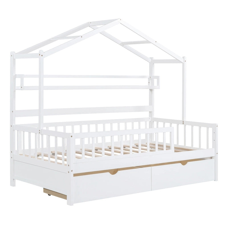 Wood House-shaped Platform Bed with Drawers and Shelf