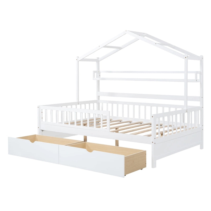 Wood House-shaped Platform Bed with Drawers and Shelf