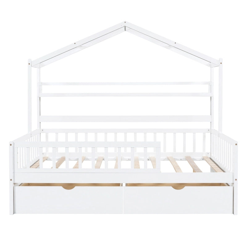 Wood House-shaped Platform Bed with Drawers and Shelf