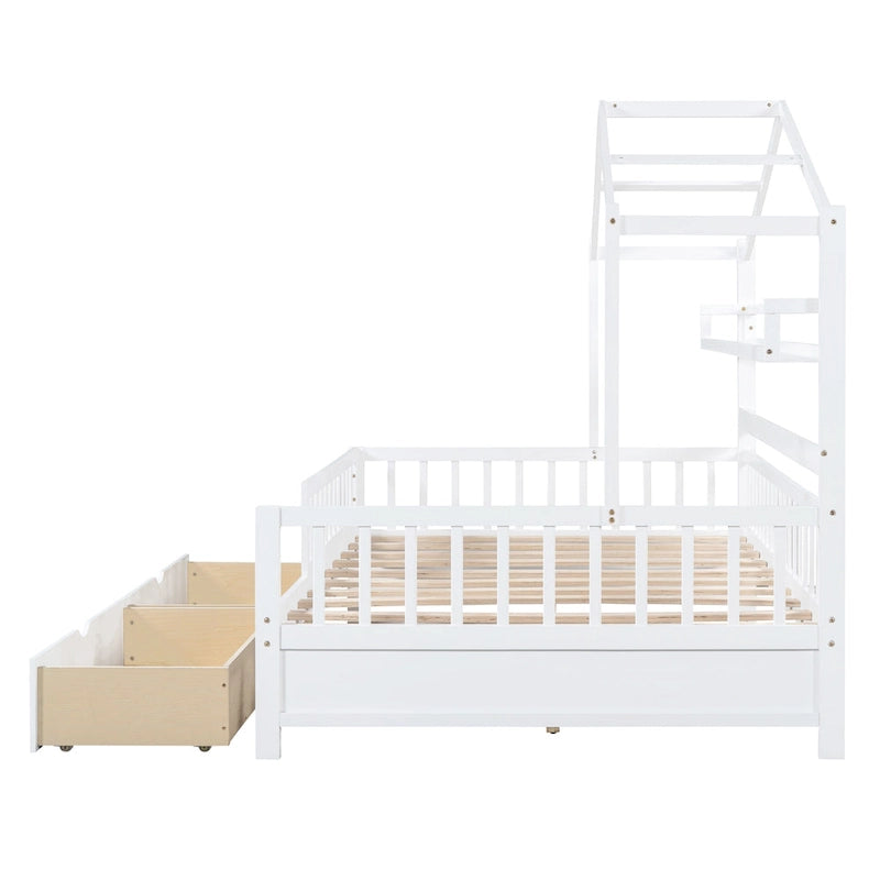 Wood House-shaped Platform Bed with Drawers and Shelf