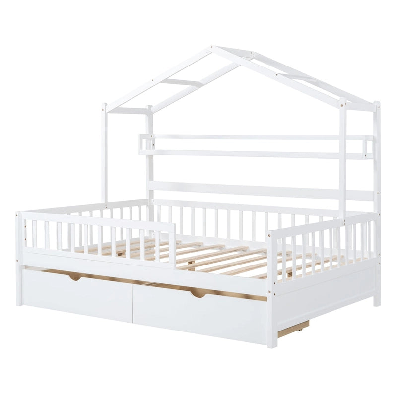 Wood House-shaped Platform Bed with Drawers and Shelf