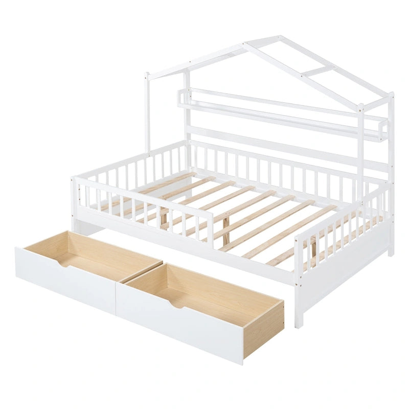Wood House-shaped Platform Bed with Drawers and Shelf
