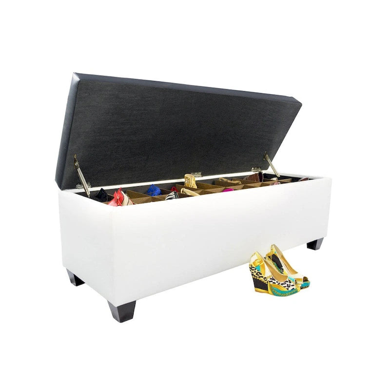 Mid Century Modern White Vinyl Shoe Storage Bench