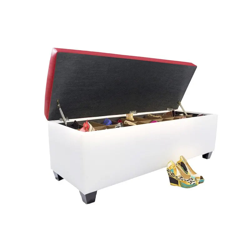 Mid Century Modern White Vinyl Shoe Storage Bench