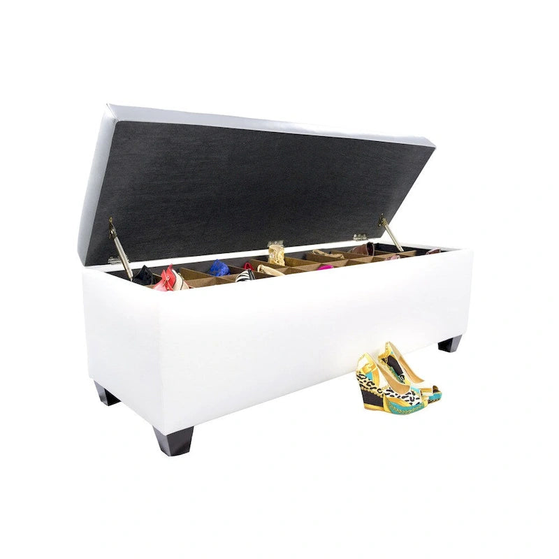 Mid Century Modern White Vinyl Shoe Storage Bench
