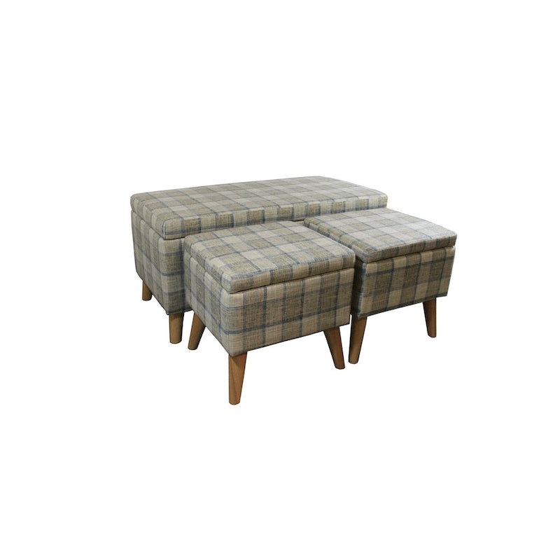 Taupe and Blue Plaid Storage Bench and Ottoman Three Piece Set