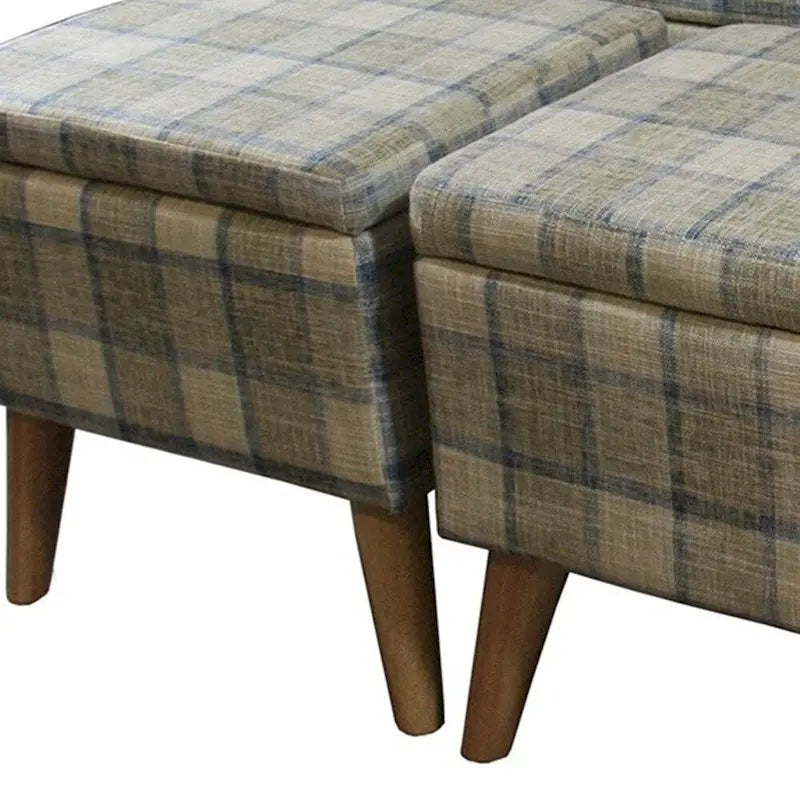 Taupe and Blue Plaid Storage Bench and Ottoman Three Piece Set