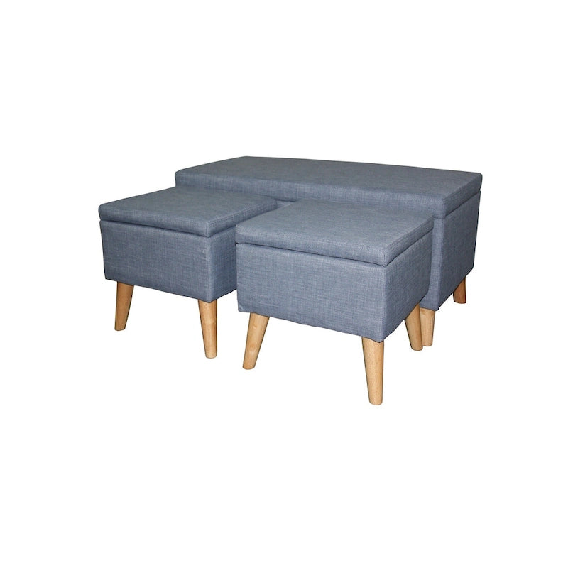 Taupe and Blue Plaid Storage Bench and Ottoman Three Piece Set