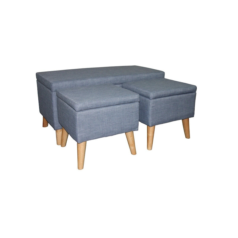 Taupe and Blue Plaid Storage Bench and Ottoman Three Piece Set