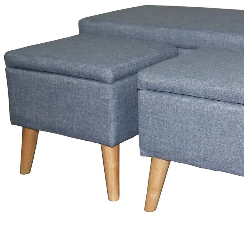 Taupe and Blue Plaid Storage Bench and Ottoman Three Piece Set
