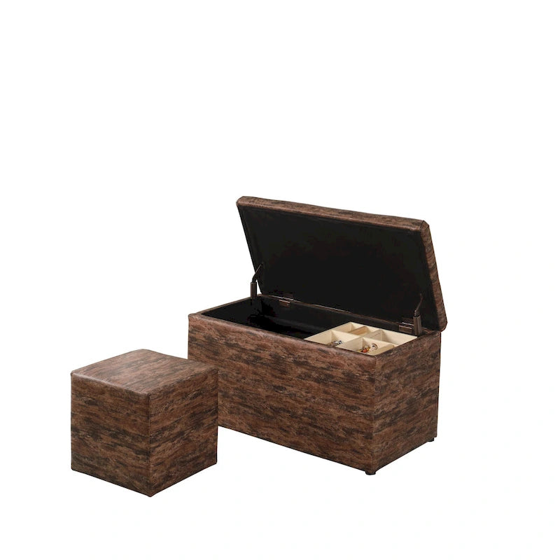 Taupe and Blue Plaid Storage Bench and Ottoman Three Piece Set