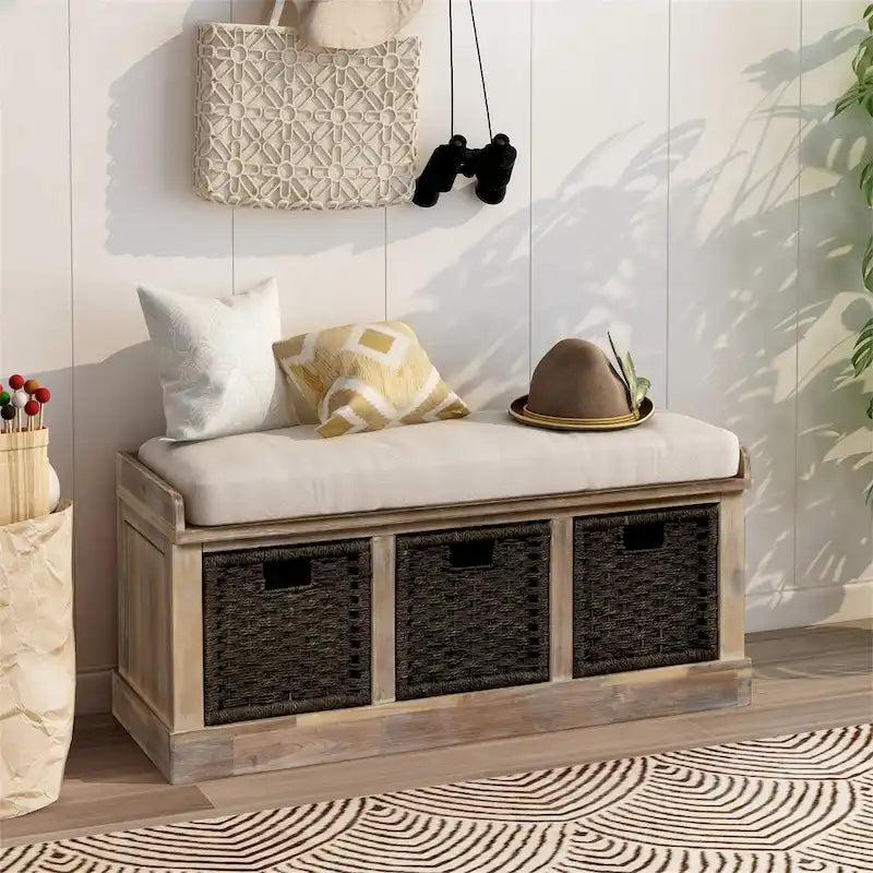 Rustic Storage Bench with 3 Removable Classic Rattan Basket