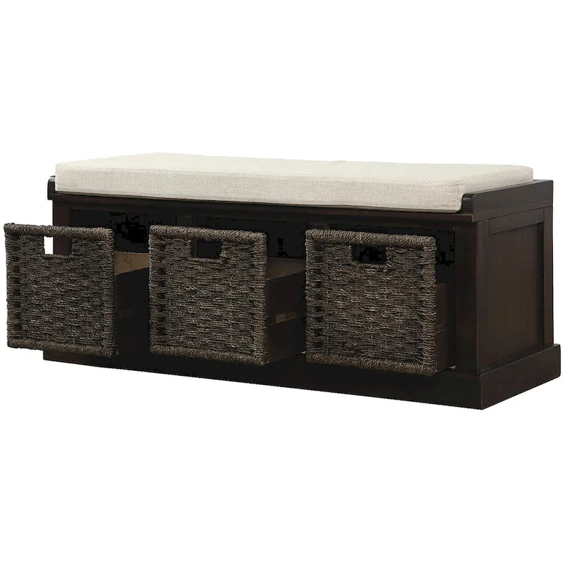 Rustic Storage Bench with 3 Removable Classic Rattan Basket