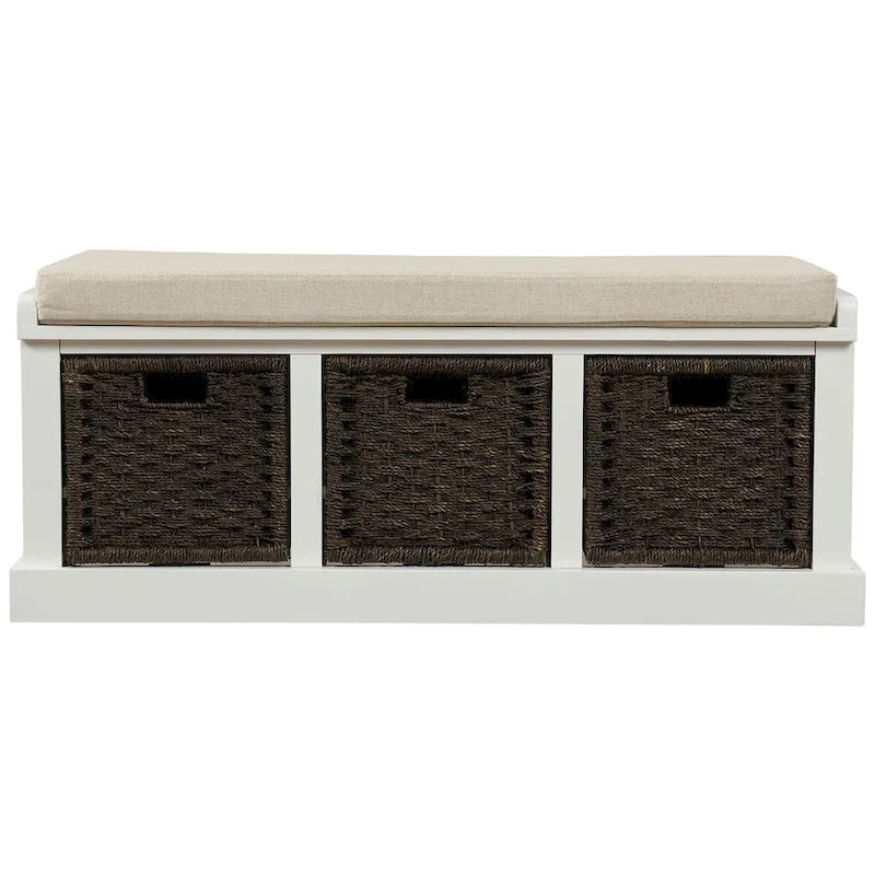 Rustic Storage Bench with 3 Removable Classic Rattan Basket
