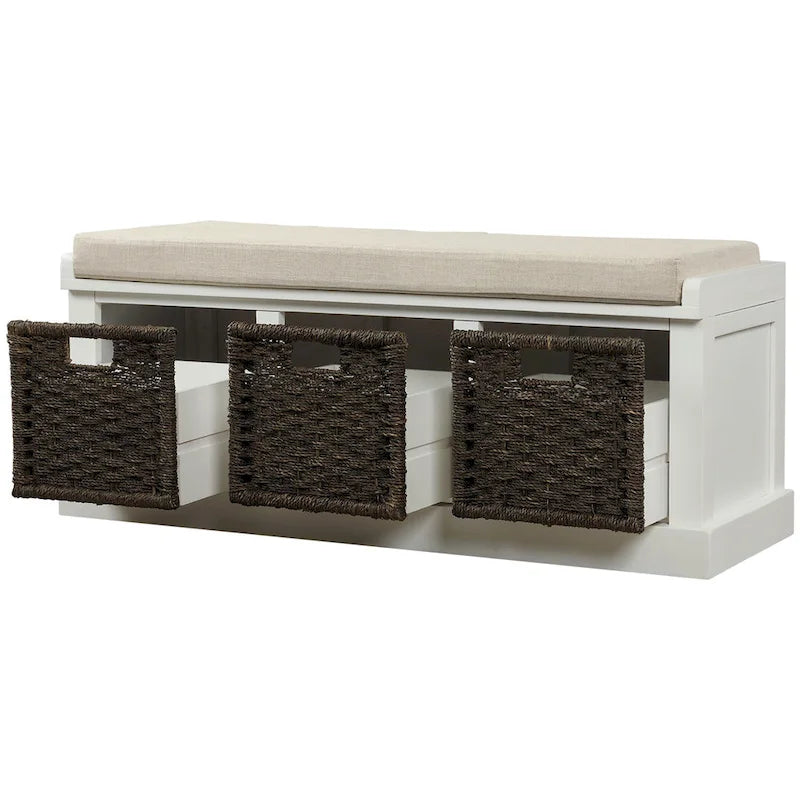 Rustic Storage Bench with 3 Removable Classic Rattan Basket