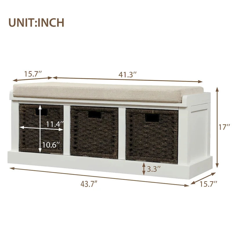 Rustic Storage Bench with 3 Removable Classic Rattan Basket