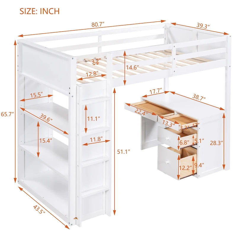 Loft Bed with Ladder, Shelves, and Desk