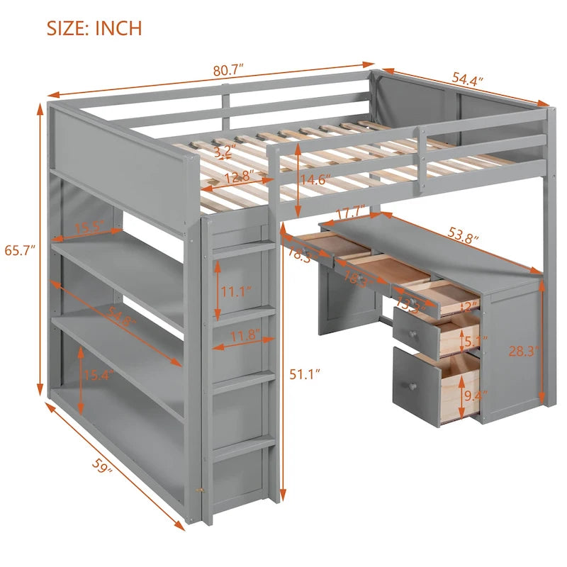 Loft Bed with Ladder, Shelves, and Desk