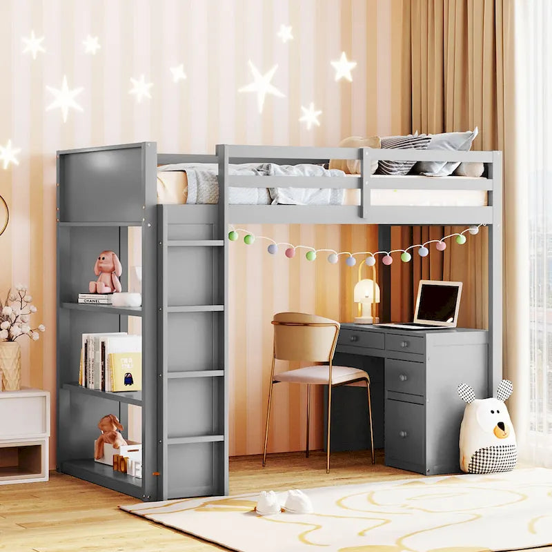 Loft Bed with Ladder, Shelves, and Desk