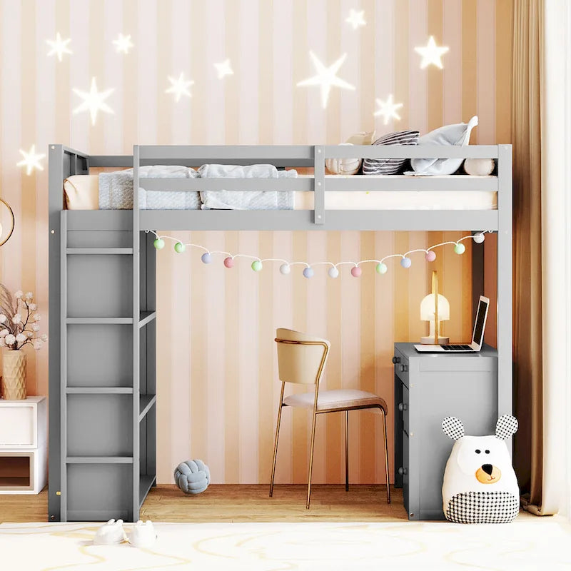Loft Bed with Ladder, Shelves, and Desk