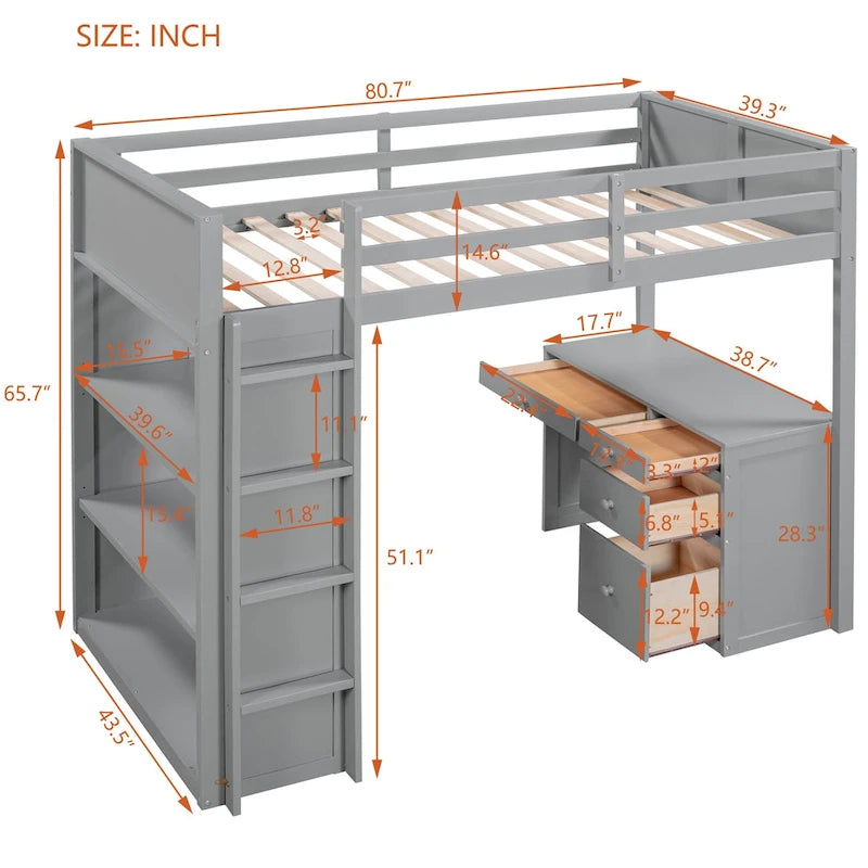Loft Bed with Ladder, Shelves, and Desk