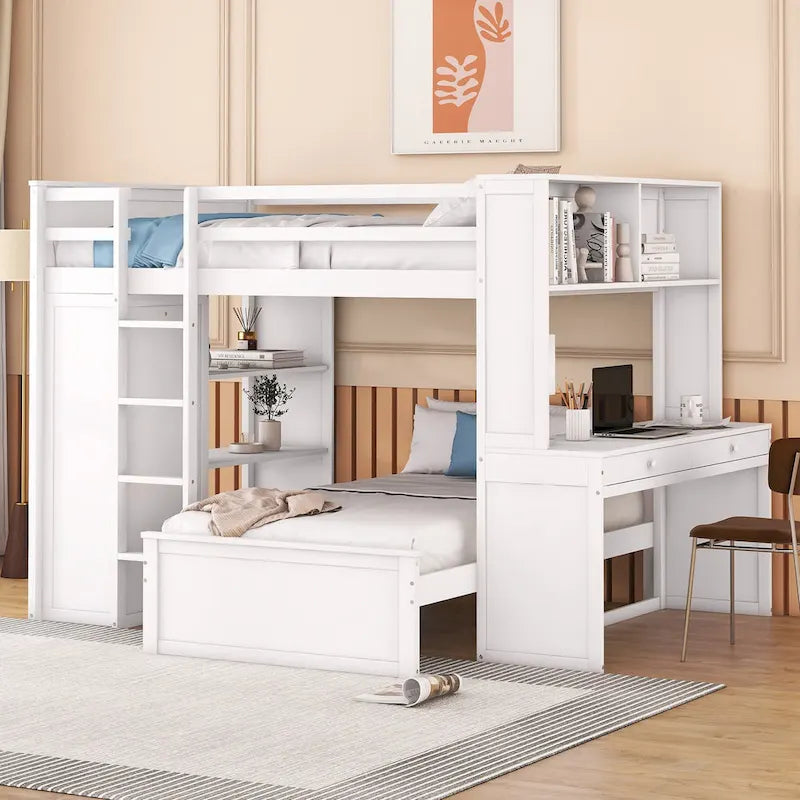 Loft Bed with a Stand-alone bed, Shelves,Desk,and Wardrobe