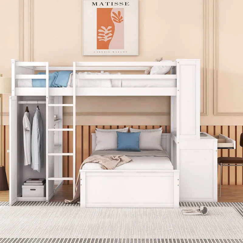Loft Bed with a Stand-alone bed, Shelves,Desk,and Wardrobe