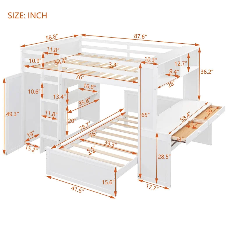 Loft Bed with a Stand-alone bed, Shelves,Desk,and Wardrobe